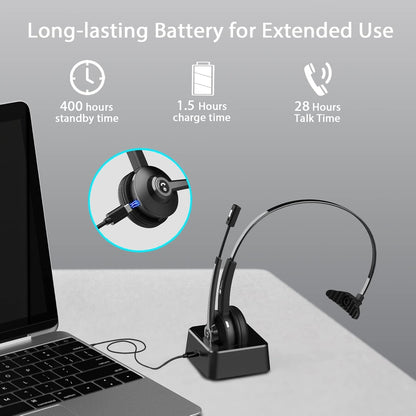 Earbay Trucker Bluetooth Headset, Wireless Headphones with Mic Mute & USB Dongle, Wireless Headset with Microphone Noise Canceling & Charing Base for Work/PC Computer/Phones/Office/Meeting