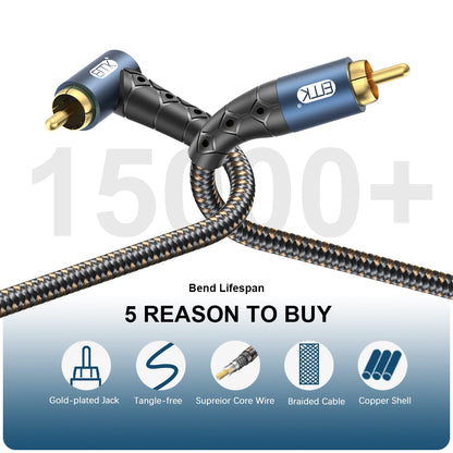 EMK RCA Subwoofer Cable 90 Degree RCA to RCA Audio Cable 24K Gold-Plated Nylon Braided Double Shielded Digital Analogue Supports Amplifiers,Home Theater,Hi-Fi Systems,Subwoofer(10ft/3m)