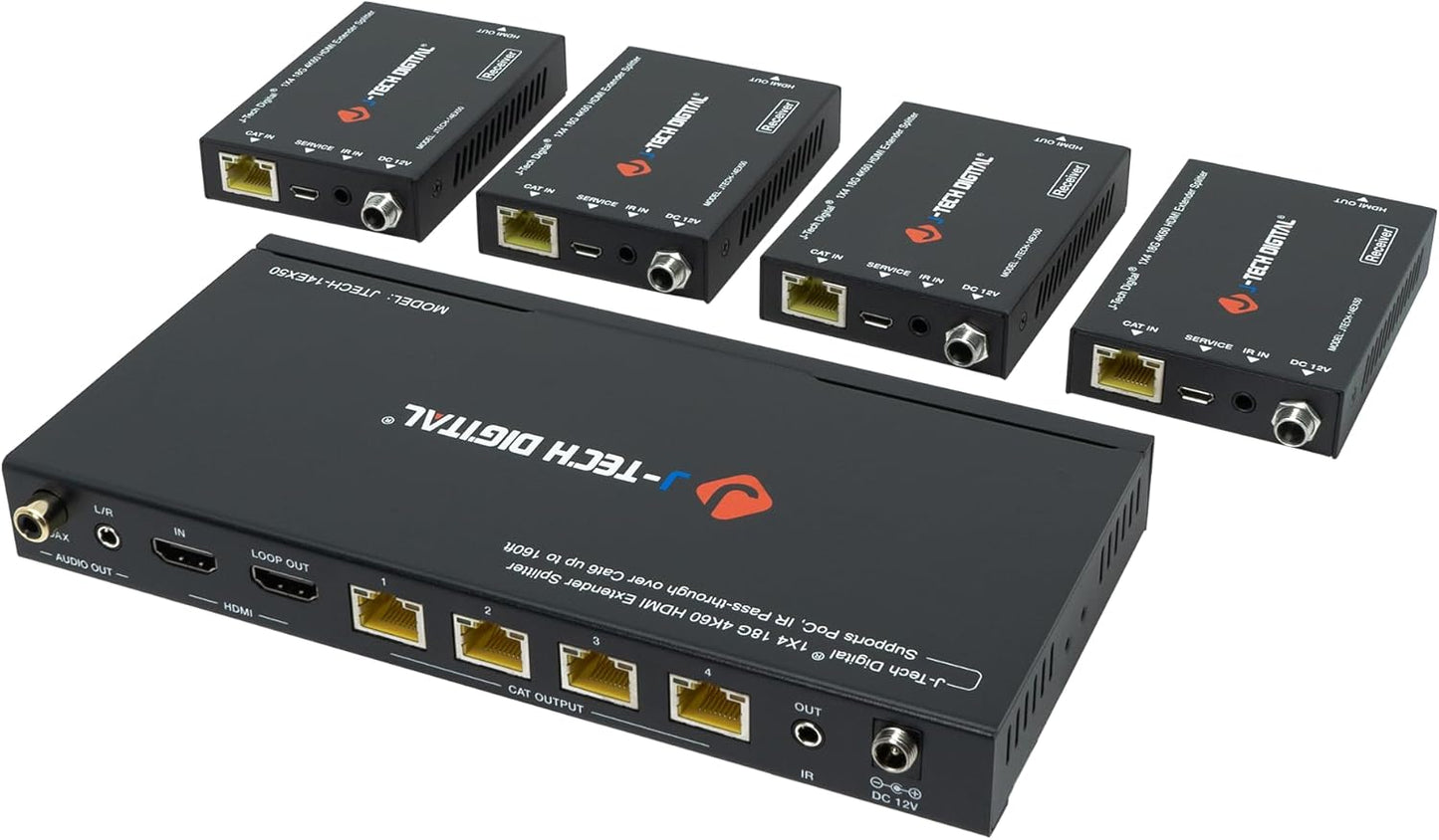 J-Tech Digital HDMI 2.0 4K 1x4 Splitter Extender Over Single Cable CAT6 with PoC Up to 196 FT 1-in 4-Out w/Local Loop Output & Low Latency [JTECH-14EX50]
