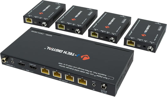 J-Tech Digital HDMI 2.0 4K 1x4 Splitter Extender Over Single Cable CAT6 with PoC Up to 196 FT 1-in 4-Out w/Local Loop Output & Low Latency [JTECH-14EX50]
