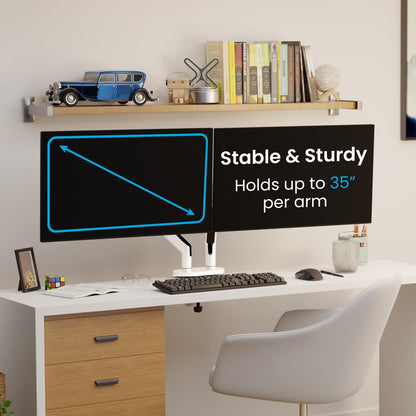 EVEO Premium Dual Monitor Mount 14"-35” Dual Monitor Arm VESA Bracket Adjustable Height Gas Spring Dual Monitor Stand, Screen Full Motion Dual Monitor Arm-Computer Monitor Stand for 2 Screens - White