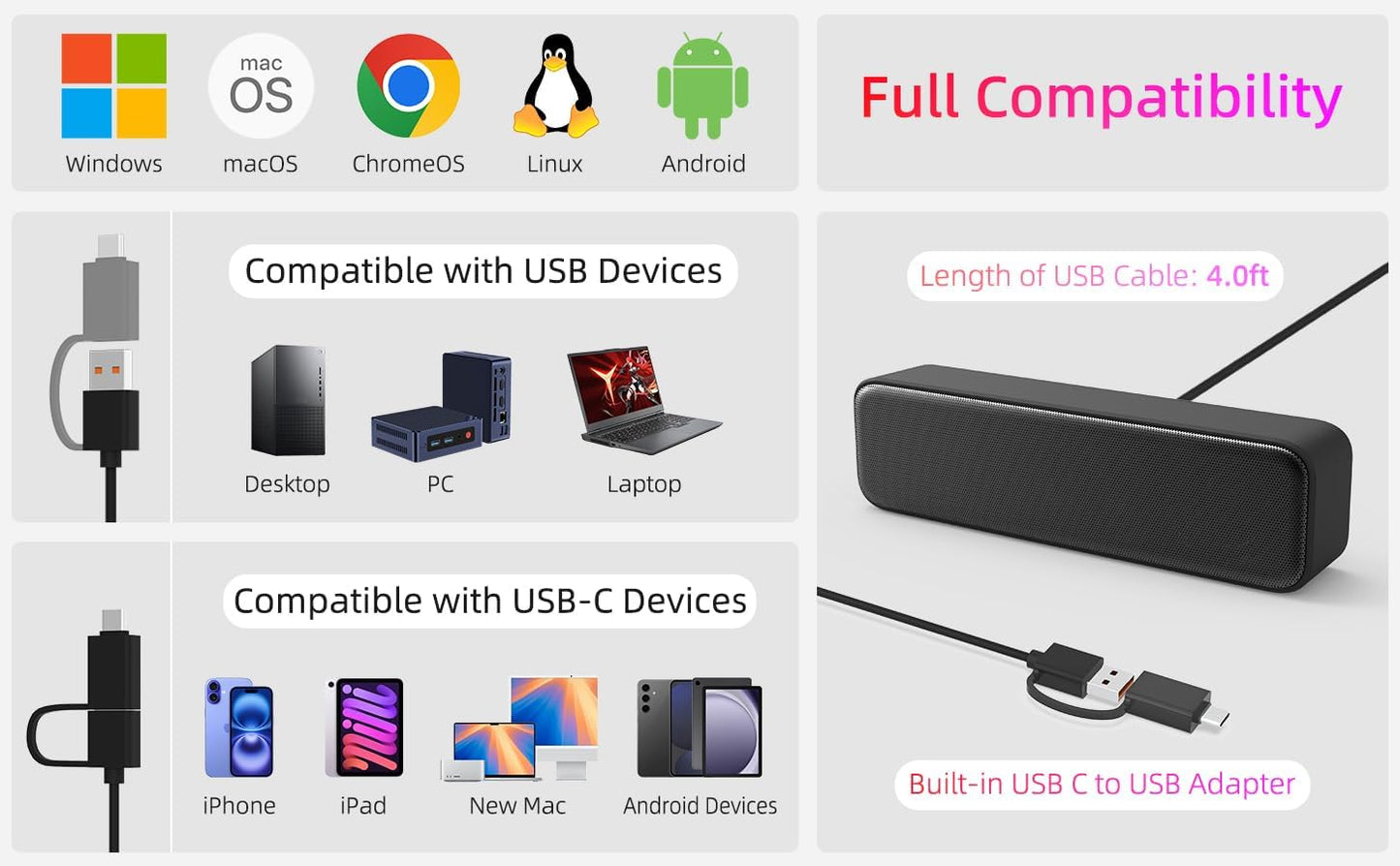 Computer Speakers for Desktop PC, External Speakers for Laptop, Mini Computer Soundbar for PC, Wired USB Plug in Speakers with Loud Sound, Deep Bass, Wide Compatibility – Bult-in USB C to USB Adapter