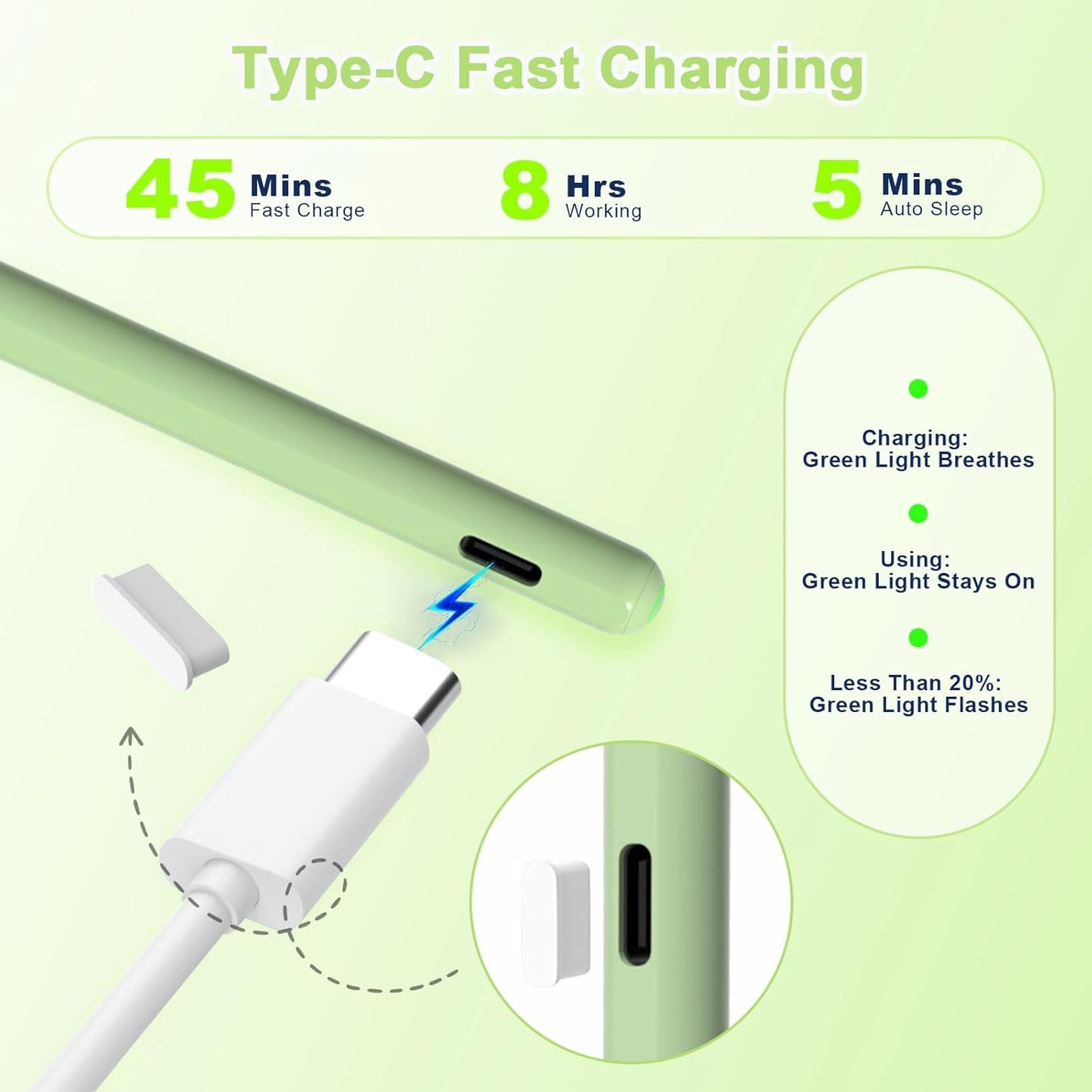 Pencil 2nd Generation for iPad 2018-2024 with Magnetic Wireless Charging Compatible with Apple iPad Pro 13”(M4)/12.9”/11”,iPad Air 6(M2)/5/4/3,iPad mini 7(A17 Pro)/6/5,iPad10/9/8/7/6 Green