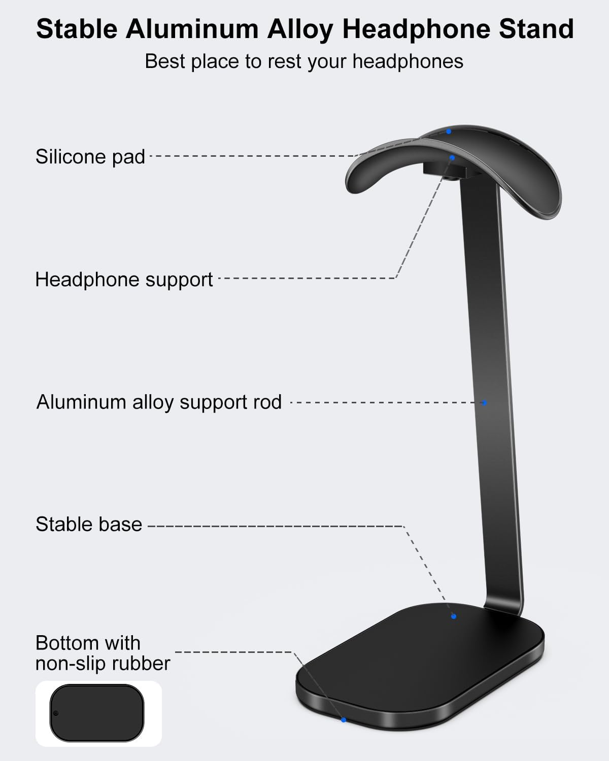 VICHYIE Headphone Stand for AirPods Max, Headset Holder with Aluminum Supporting Rod, Heavy Base Desk Stand Headphones Support Accessory for All Headphones - Black