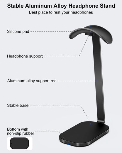 VICHYIE Headphone Stand for AirPods Max, Headset Holder with Aluminum Supporting Rod, Heavy Base Desk Stand Headphones Support Accessory for All Headphones - Black