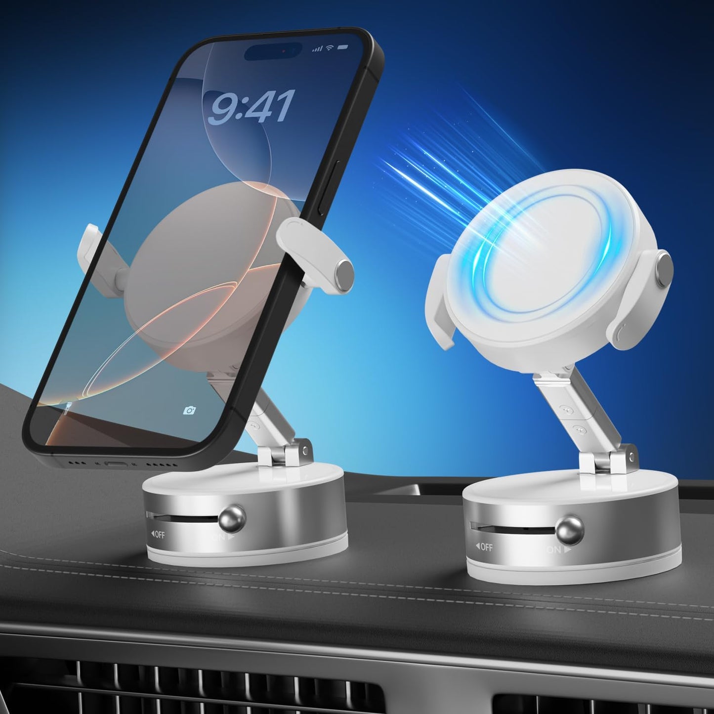 Upgraded 360° Adjustable Vacuum Magnetic Phone Holder, Vacuum Magnetic Suction Phone Mount with Clamp Foldable Phone Holder for Car/Gym/Mirror/Smooth Surface, Suitable with All Smartphones (White)