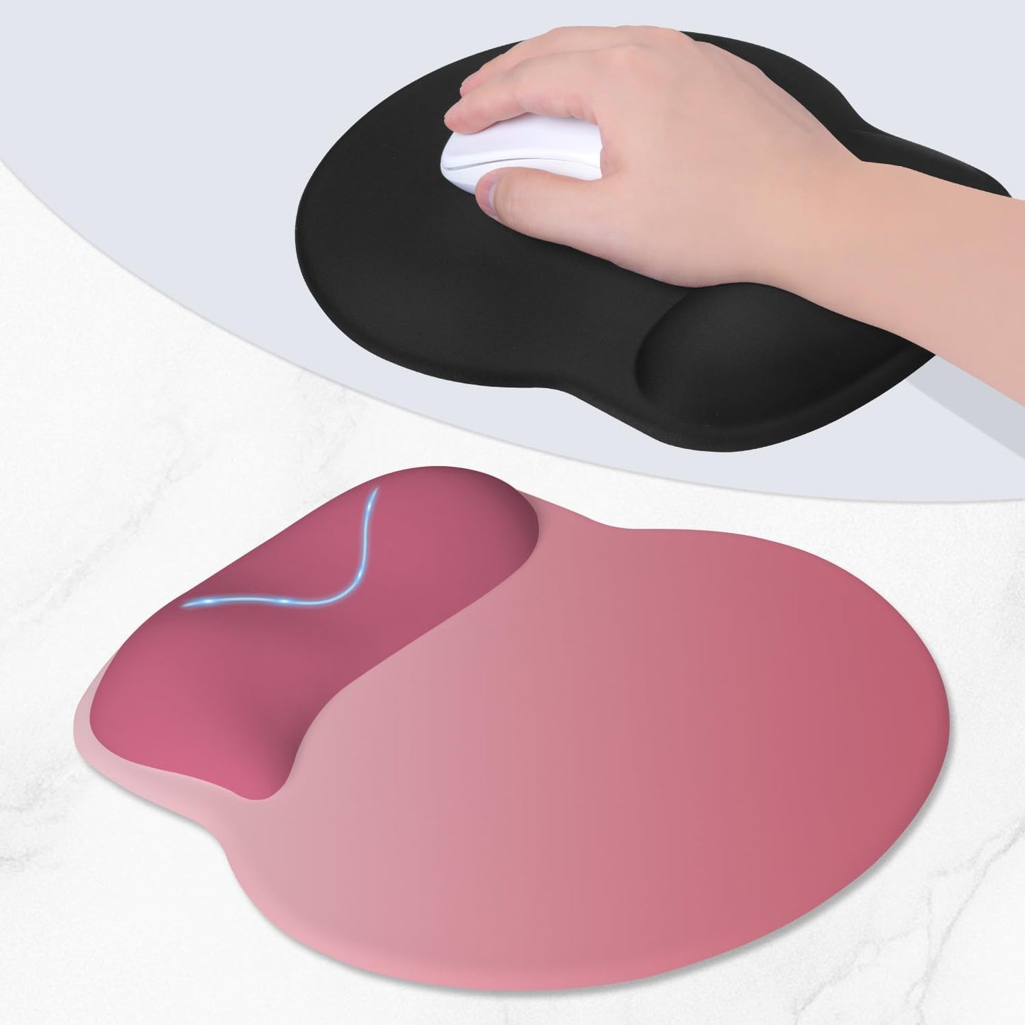 ITNRSIIET Ergonomic Mouse Pad with Wider Memory Foam Wrist Rest +17% - Curved Cushion Reduces Pressure 20%, Pain Relief, Non-Slip, Smooth, Cute Colors, 9.85 x 9 in, Pink Ombre