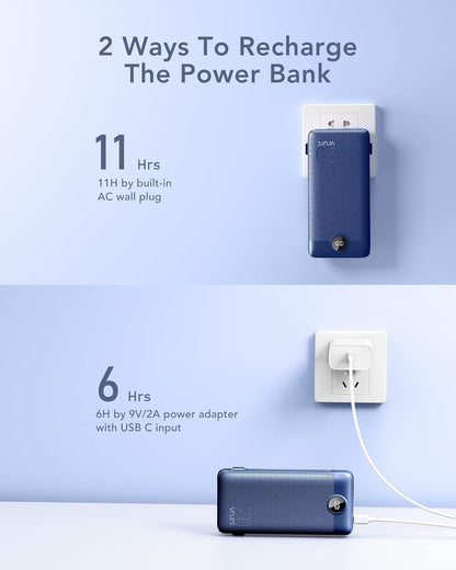 VRURC Portable Charger 20000mAh, Fast Charging Power Bank USB C,4 Output 2 Input Travel Essentials Charging Bank Equipped with LED Display,Built-in Wall Plug and Cables,Phone Charger Battery,Navy
