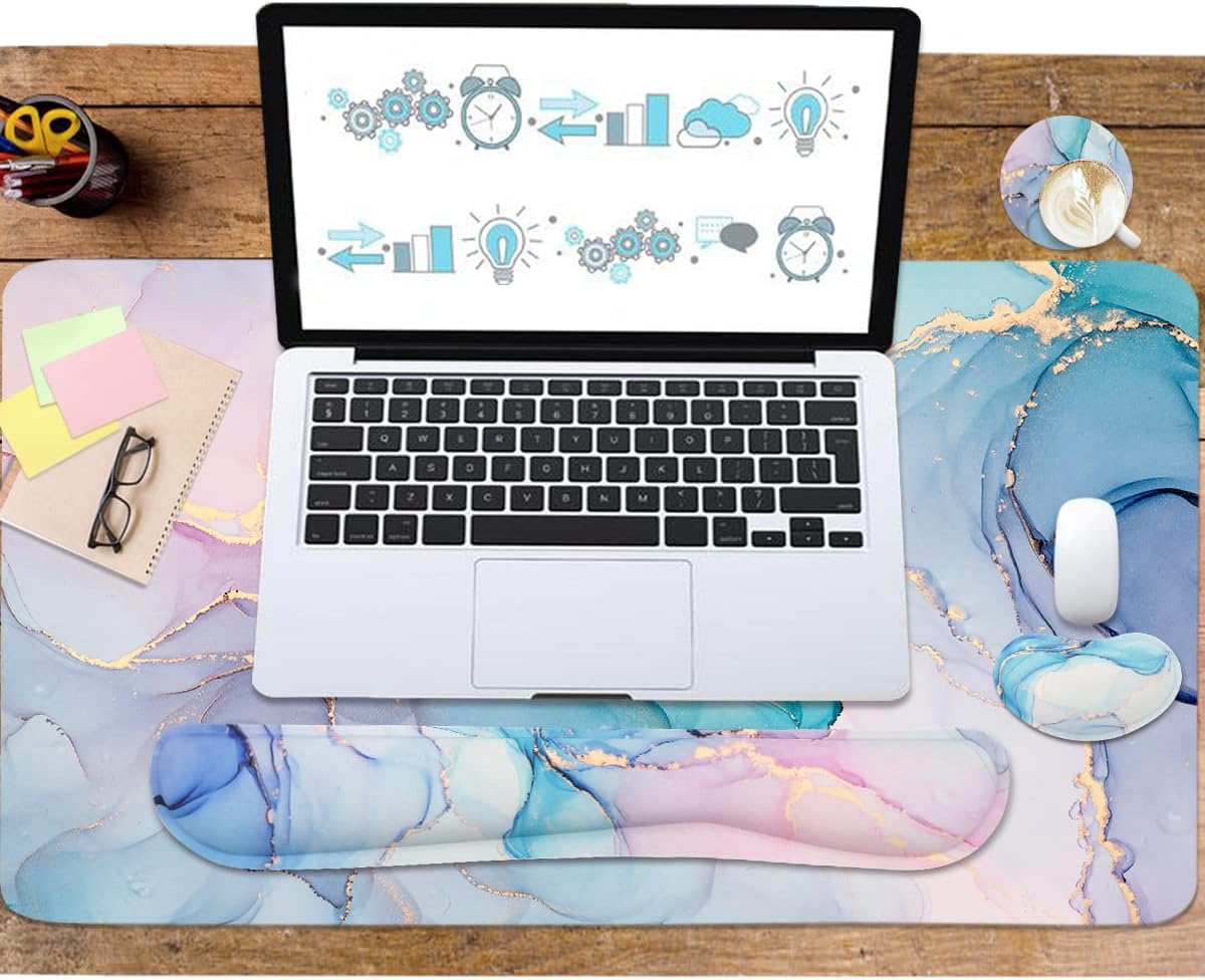 4-in-1 Large Gaming Mouse Pad, Keyboard Wrist Rest Pad & Wrist Support Mousepad Set, Extended Desk Pad Waterproof Desk Mat for Home Office Study Game - Blue