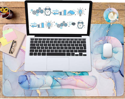 Keyboard Wrist Rest Large Mouse Pad Wrist Support for Computer, 4 in 1 Memory Foam Keyboard Pad Desk Mat Ergonomic Hand Rest Wrist Cushion for Home Office Gaming - Blue Marble