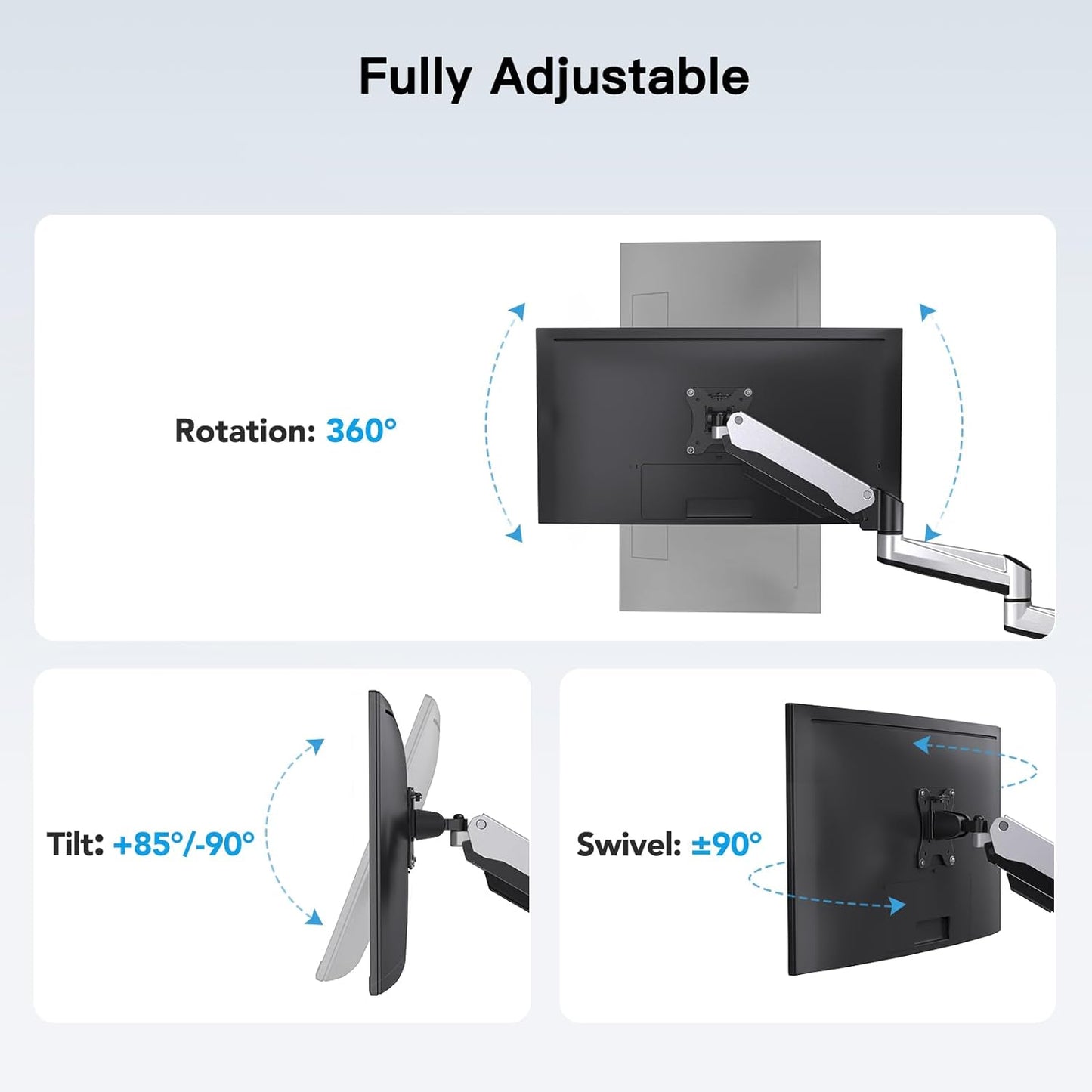 HUANUO Triple Monitor Stand - Full Motion Articulating Monitor Mount Fit Three 17 to 32 inch Flat/Curved LCD Computer Screens with Clamp, Grommet Kit, Silver