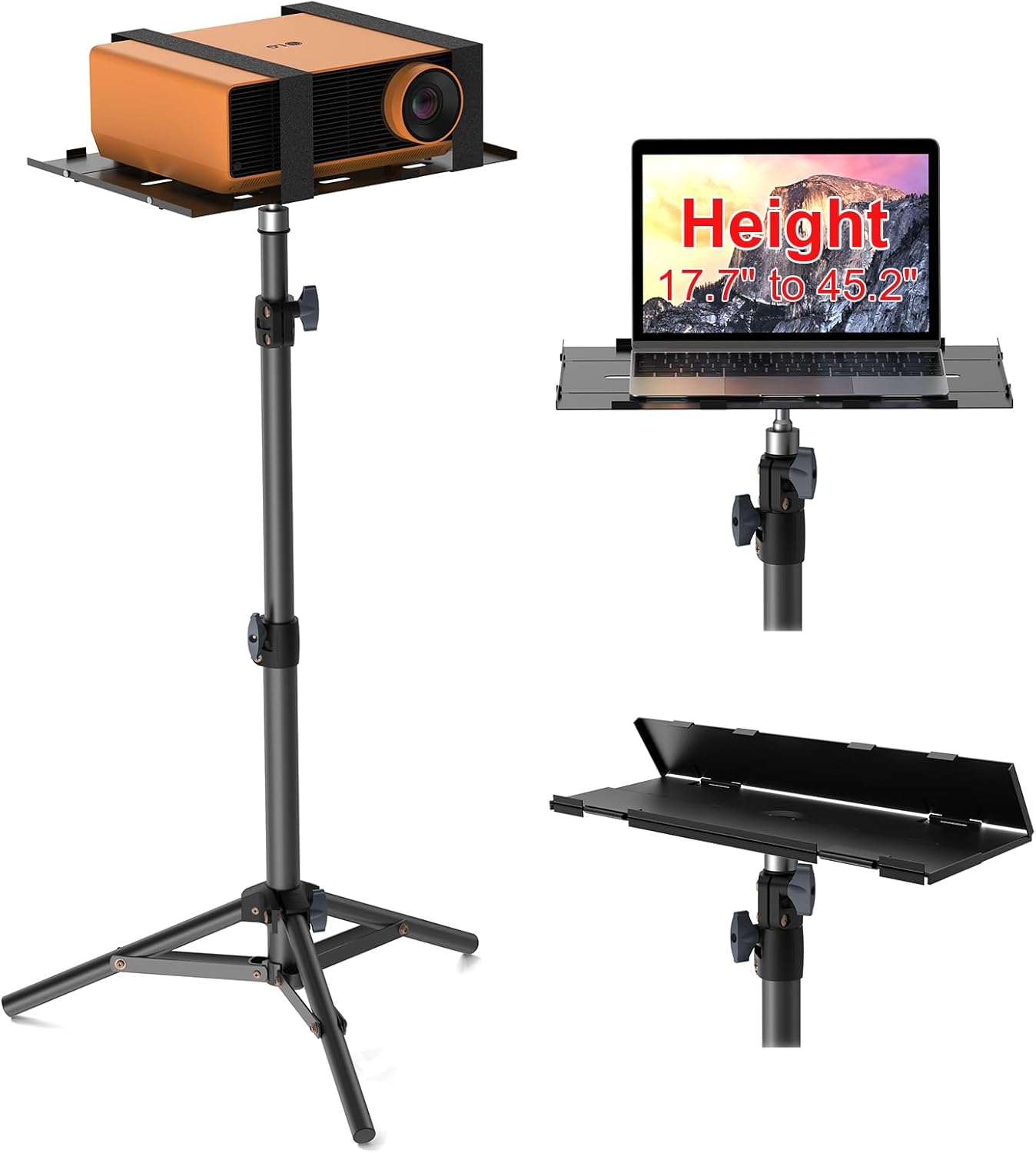 Projector Stand Tripod, Laptop Tripod Stand, Foldable Portable Projector Floor Mount, Height Adjustable from 17.7" to 45.2", with Folding Plate, Capacity 22lb, for Outdoor Movies, Home, Office
