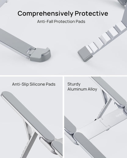 SODI Ultra Compact Foldable Laptop Stand - Portable Laptop Holder for Desk & Travel Use, Ergonomic Aluminum Computer Holder with Adjustable Height for MacBook, Tablet 10-16" (Light Gray, Bi-Fold)