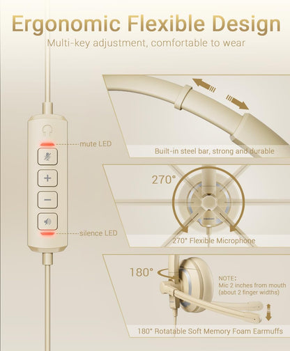 USB Headset with Microphone for PC Laptop - Headphones with Noise Cancelling Microphone for Computer,On-Ear Wired Office Call Center Headset for Boom Skype Webinars,Lightweight-Apricot