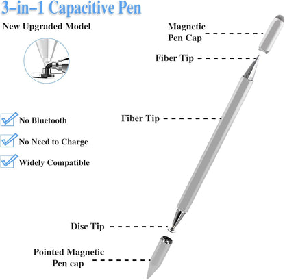 Stylus Pens for iPad, Luntak 3 in 1 Ballpoint Pen, Fiber Tip & Clear Disc Capacitive Stylus iPad Pencil for Apple iPhone/iPad Pro/Mini/Air/Android/Microsoft/Surface All Capacitive TouchScreen - Silver