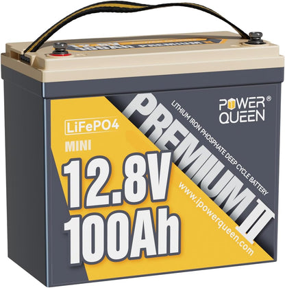 Power Queen 12V 100Ah MINI LiFePO4 Lithium Battery, Deep Cycle Battery with Upgraded 100A BMS, Max 1280W Energy, Up to 15000 Cycles & 10-Year Lifespan for RV, Solar, Trolling Motor & Camping