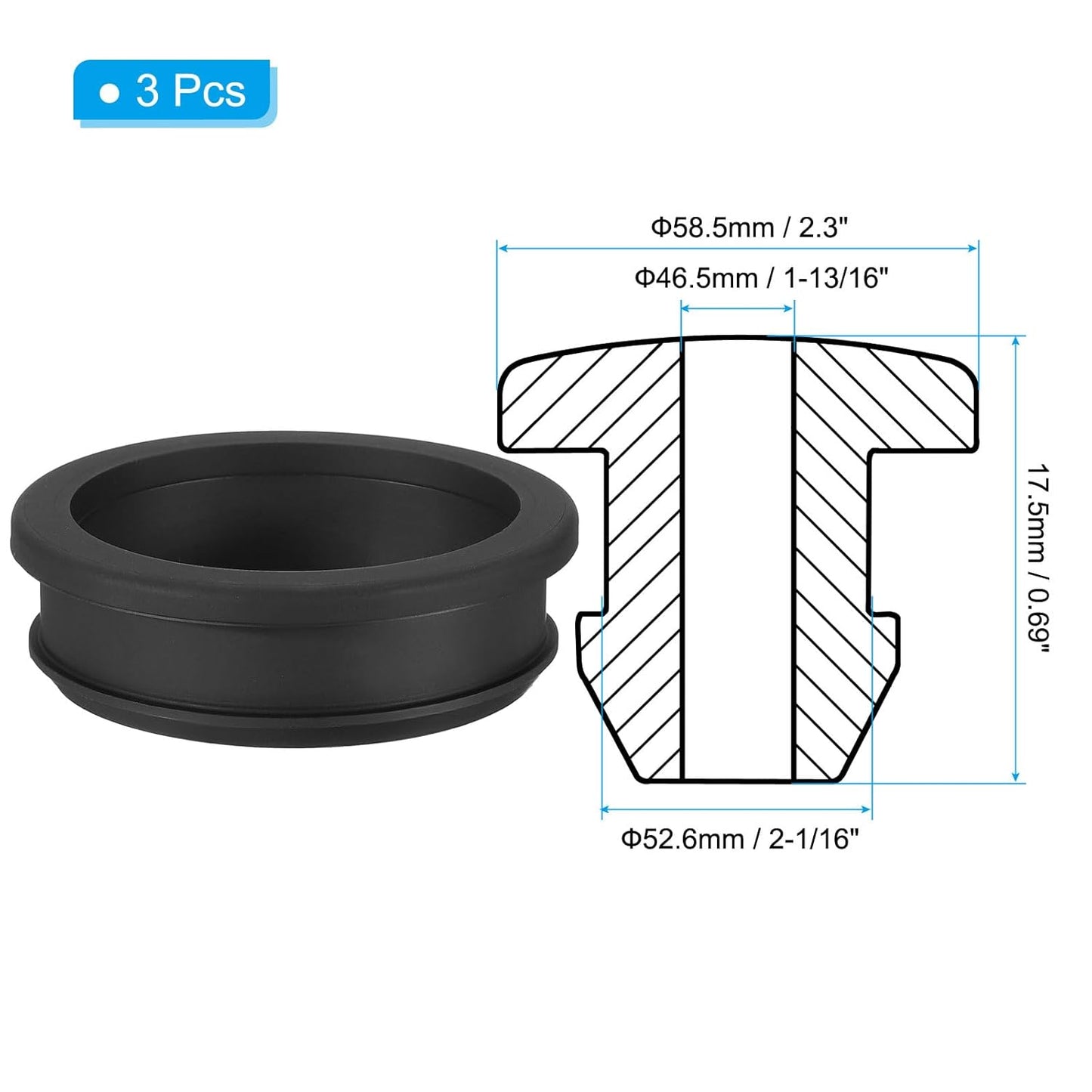 PATIKIL 52.6mm / 2-1/16 Inch Drill Hole,1-13/16 Inch ID Rubber Grommets, 3Pcs Top Hat Grommet for Wiring Eyelet Ring Gasket Automotive Firewall Cable Hole Plugs Wires Protection, Black