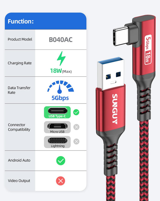 SUNGUY USB C Cable Right Angle 10FT, 5Gbps USB 3.0 to USB C Data Cable Compatible with iPhone 16/15 Series, Android Auto, Samsung Galaxy S24/S23, SSD, Huawei P30/P20, i-Pad Pro-Red