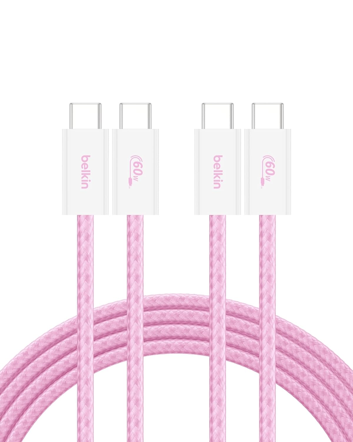 Belkin USB C to USB C Cable 2-Pack, 6.6ft, 60W - Type C Charger, iPhone Charger Cord, Soft, Braided, Flexible for iPhone 16, Galaxy S25, Pixel 9, Airpods, iPad Pro & More, Travel Essentials - Pink