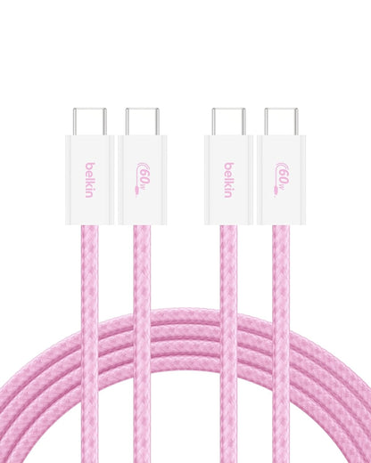 Belkin USB C to USB C Cable 2-Pack, 6.6ft, 60W - Type C Charger, iPhone Charger Cord, Soft, Braided, Flexible for iPhone 16, Galaxy S25, Pixel 9, Airpods, iPad Pro & More, Travel Essentials - Pink