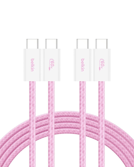 Belkin USB C to USB C Cable 2-Pack, 6.6ft, 60W - Type C Charger, iPhone Charger Cord, Soft, Braided, Flexible for iPhone 16, Galaxy S25, Pixel 9, Airpods, iPad Pro & More, Travel Essentials - Pink