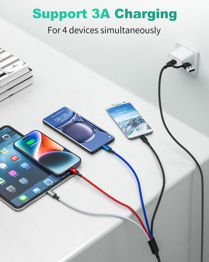HanCenDa 4 in 2 Multi Charging Cable, 3Pack 6FT Multiple Chargers for All Devices Nylon Braided USB A/C to 2*Lighting/Typc C/Micro USB Port Universal Multi USB Charger Cords for iPhone 16/15