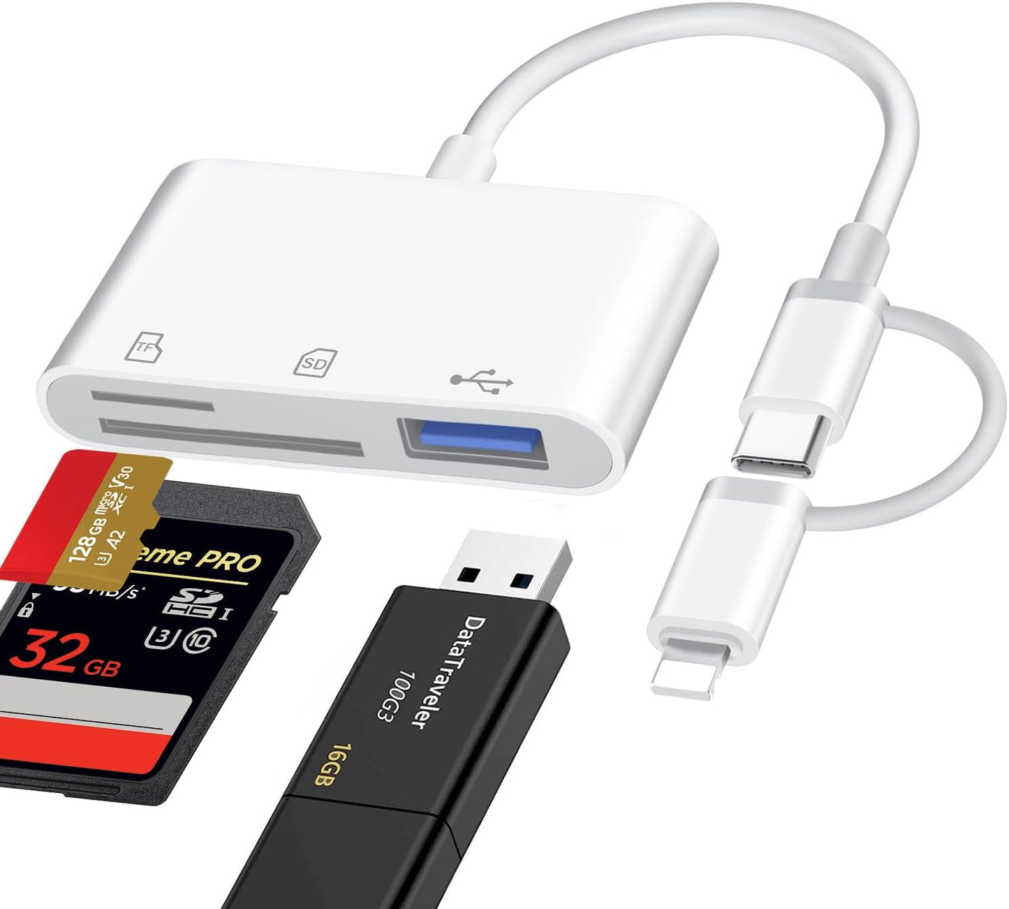 SD Card Reader for iPhone iPad Mac, Lightning & USB-C Dual Interface Memory Card Reader with SD/Micro SD/USB-A 3 Slots, Digital Camera Adapter to iPhone, Plug & Play