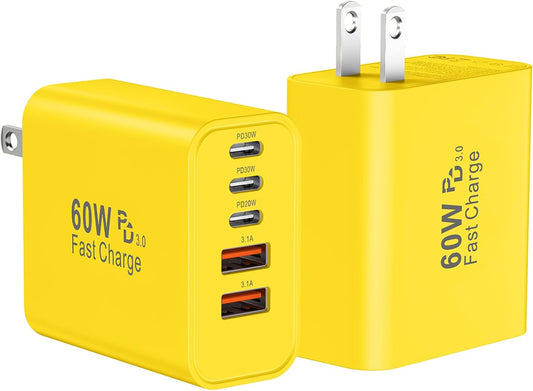 USB C Fast Wall Charger Block, 2Pack 60W USBC Charging Cubes, 5-Port PD+QC Power Adapter Multiport Brick Type C Box Plug for Phone 16/15/14/13/12/11/Pro Max/Plus, Pad Mini/Pro/S25/S24-Yellow