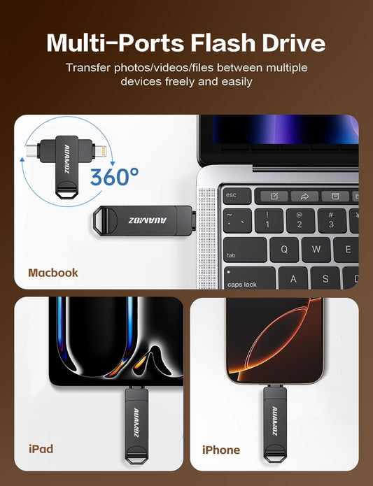 256GB Flash Drive Intended for iPhone, Memory Stick Storage Files Photos Videos Backup, Compatible with iPhone iPad Android PC, Plug and Play, No Application Required (Metal Gray)