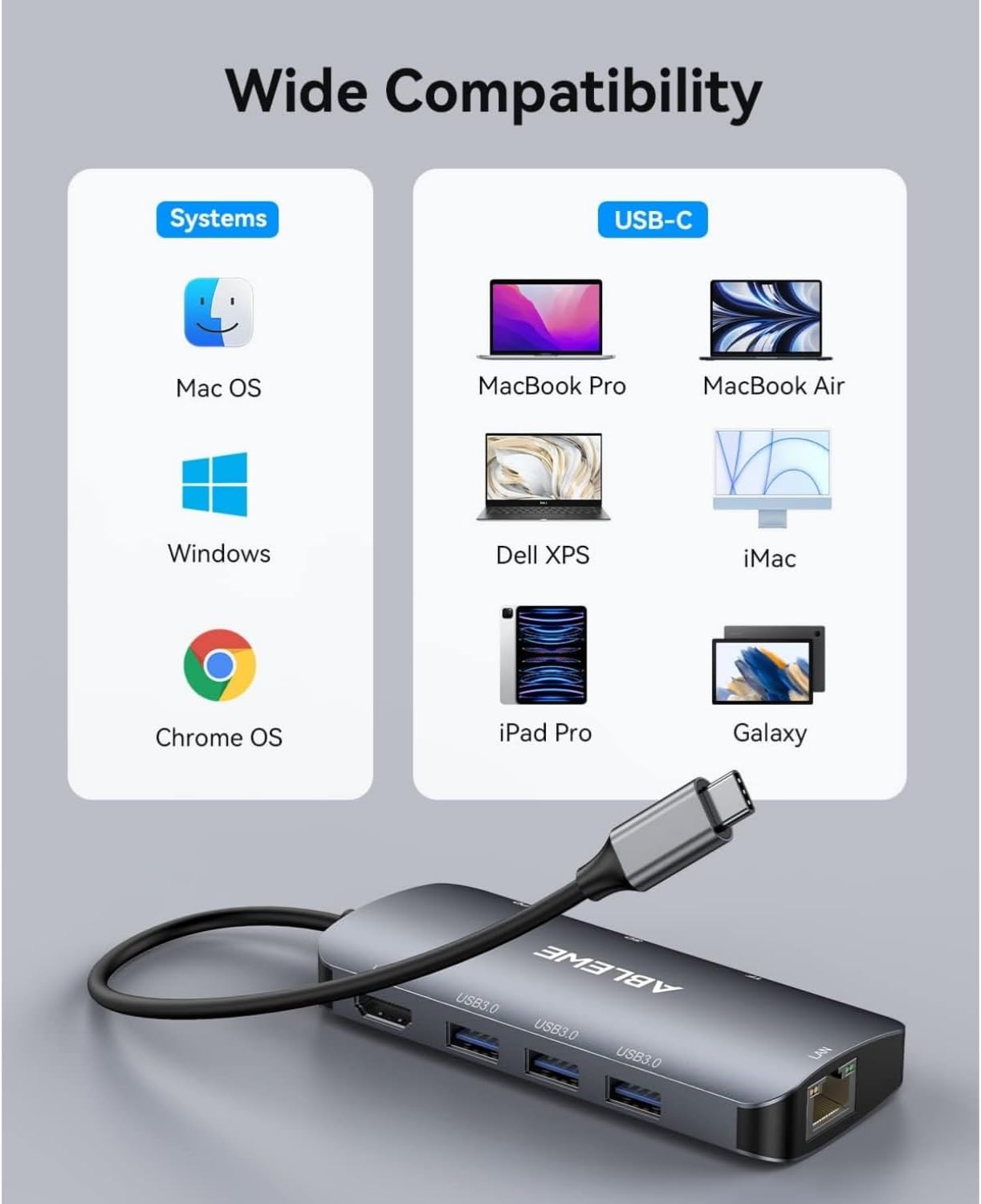 ABLEWE USB C Hub Ethernet, 8 in 1 Multiport USB C to HDMI Adapter 4K@60Hz,1000Mbps, 100W PD, SD/TF Card Reader, 3 USB 3.0 Ports, Docking Station Compatible for MacBook, Tablet, Phone, Type C Devices