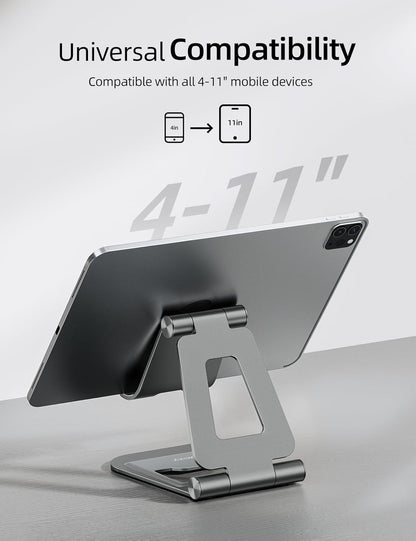 Nulaxy Aluminum Dual Foldable iPad Stand, Fully Adjustable Desktop Tablet Holder, Tablet Accessories for Office Kindle Compatible with Mobile Devices iPad Pro/Air/Mini, iPhone Pro/Max/Plus, Gray