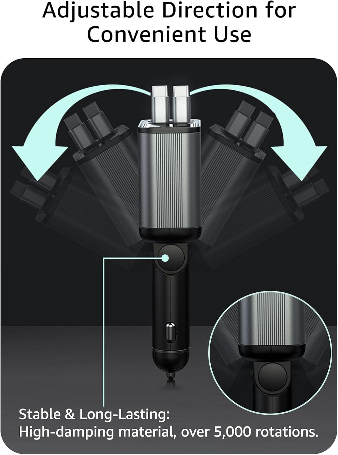Retractable Car Charger USB C,145W Type C Car Charger Fast Charging with Dual Retractable USB C Cable and USB Ports, Compatible with iPhone 16/15,S25/24/23/22, Pixel 9/8/7