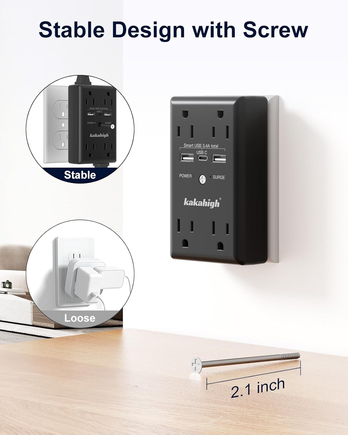 Black Wall Power Strip, 8 Way Outlets with 1680J Surge Protected, Multi Plug Wall Outlet with USB Ports, LED Indicator, 1875W Wall Mounted Surge Protectors for Dorm Room Office Kitchen