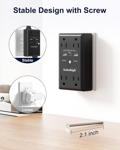 Black Wall Power Strip, 8 Way Outlets with 1680J Surge Protected, Multi Plug Wall Outlet with USB Ports, LED Indicator, 1875W Wall Mounted Surge Protectors for Dorm Room Office Kitchen