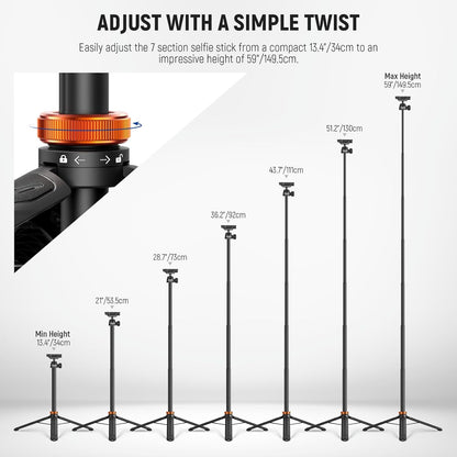 NEEWER BASICS 59"Selfie Stick Tripod Compatible with iPhone & DLSR Camera, Small Metal Compact Portable Travel Desk Stand with Remote Ball Head 2in1 Cell Phone Holder Mount for Video Recording Filming