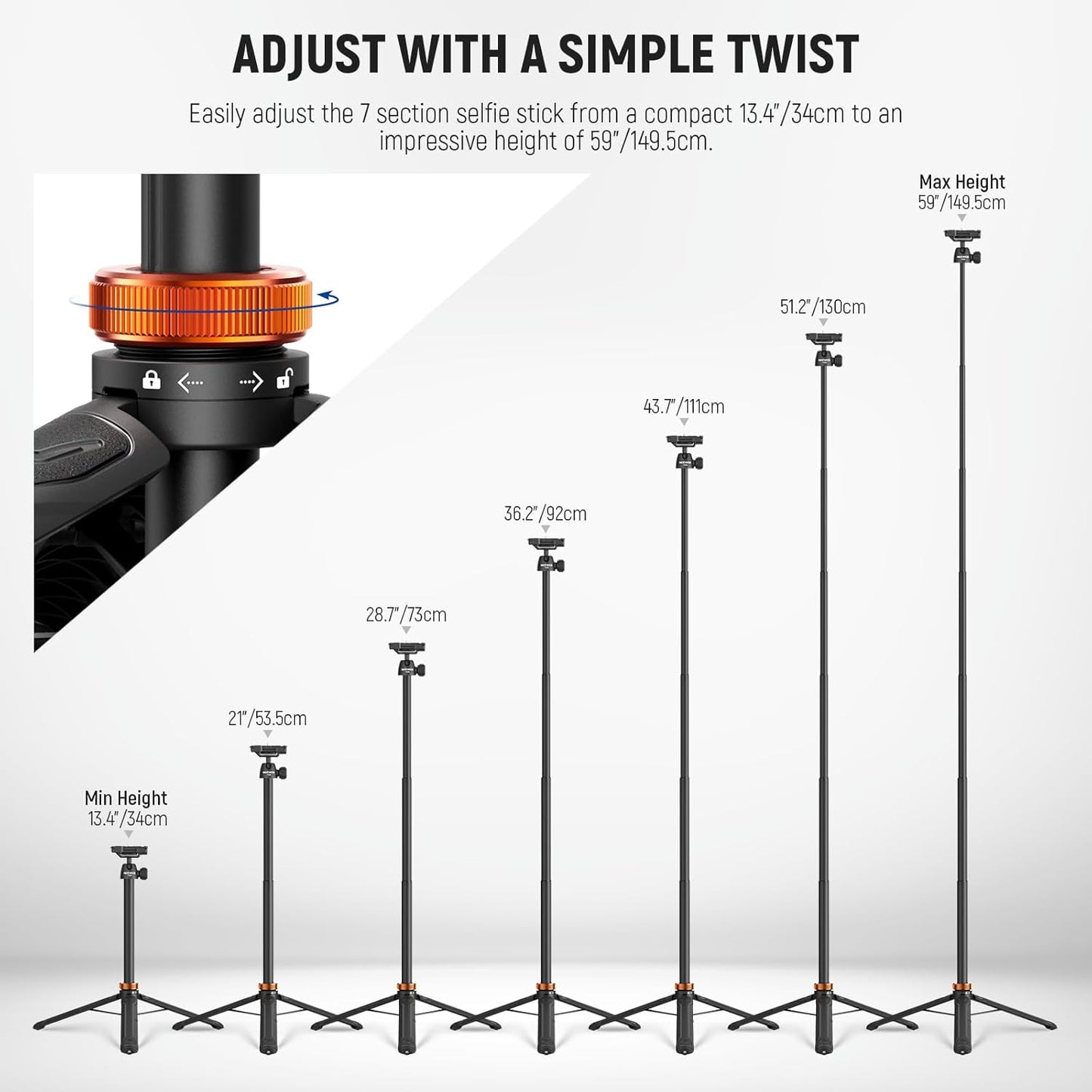 NEEWER Basics 59" Selfie Stick Tripod Compatible with iPhone DLSR Canon Sony Camera, Small Metal Portable Travel Desk Stand for Video Recording Filming, TS04