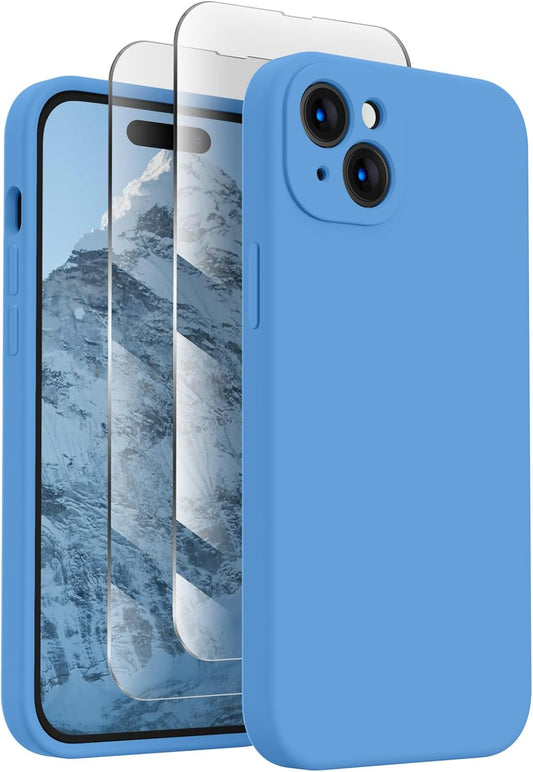 FireNova Designed for iPhone 15 Plus Case, Silicone [Camera Protection] Case with [2 Screen Protectors], Soft Anti-Scratch Microfiber Lining Inside, 6.7 inch, Blue