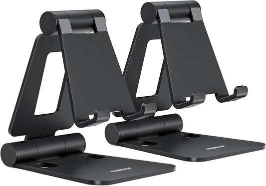 Nulaxy 2 Pack Dual Folding Cell Phone Stand, Fully Adjustable Foldable Desktop Phone Holder Cradle Dock Compatible with iPhone 17 16 15 14 13 12 Pro Max Xs Xr X 8, All Phones, Black