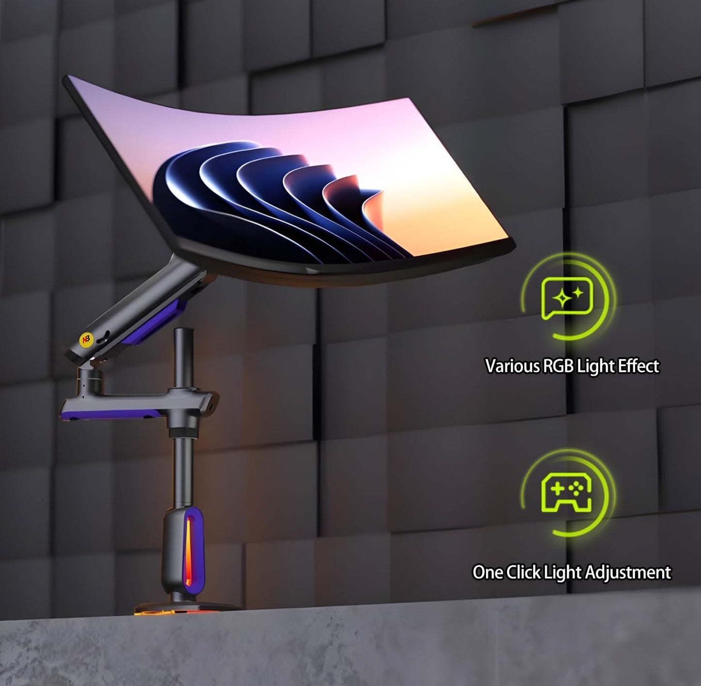 RGB Gaming Monitor-Arm for Flat/Ultrawide/Curved Monitors 32 to 60 inch, Heavy Duty Stand Load up to 20 kg, VESA 75/100 mm Monitor Mount G80