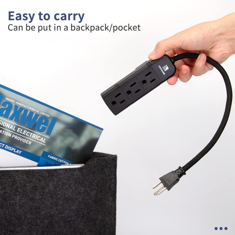 2Pack Small Power Strip Black Outlet - 1FT Heavy Duty Power Extension Cord, Mini Size Portable 3 Outlet Power Strip for Office,Computer,Home Accessories,Travel,ETL Listed (13a/125v/60hz/1625w)