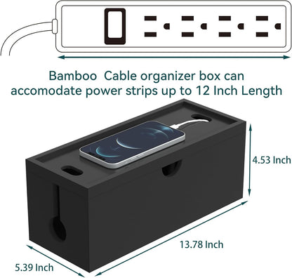 Bamboo Cable Management Box, Large Cord Organizer Box Cable Box to Hide Wires & Power Strips for Desktop Storage Cord Holder for Office Home,No Assembley Required (All Black, 1Medium)