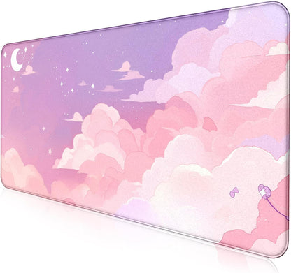 Cute Anime Cloud Desk Mat, Beautiful Pink Stitching Edge Non Slip Rubber Mouse Pad, Suitable for Female and Girl Office Decoration 35.4 x 15.7 x 0.12 Inches