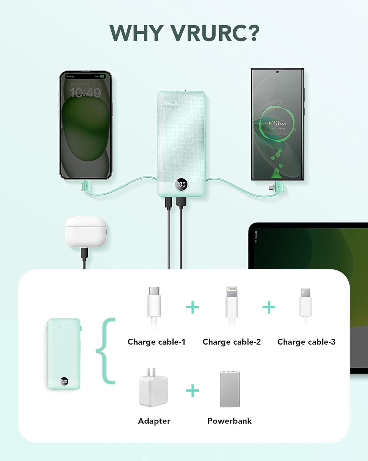 VRURC Portable Charger Built-in Cables and AC Wall Plug, USB C Power Bank 10000mAh, Travel Battery Portable Phone Charger Compact Lightweight External Battery Pack for Smart Phones, Tablets etc-Green