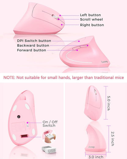 Lekvey Ergonomic Mouse, Vertical Wireless Mouse, Rechargeable 2.4 GHz USB Optical Carpal Tunnel Mice : 800/1200 / 1600 DPI, 6 Buttons, for Laptop, PC, Computer, Desktop, Notebook etc, Pink