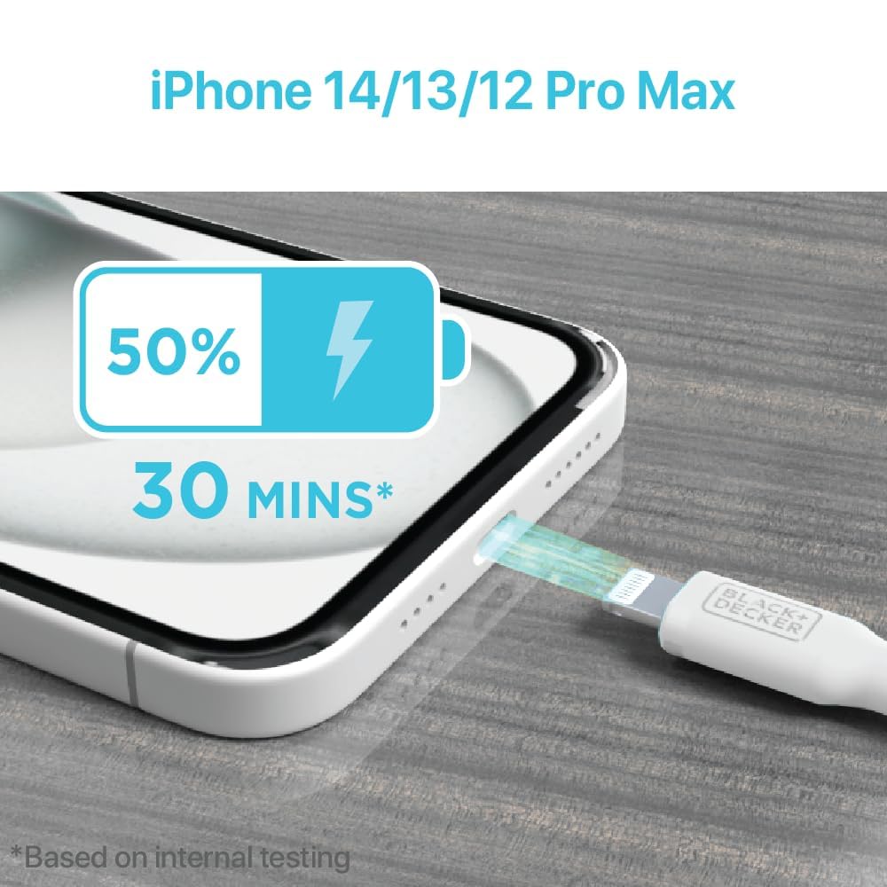 BLACK+DECKER Lightning to USB Cable - Fast Compatible iPhone Lightning Cable - Durable Braided iPhone Charger Cord - for Travel and Daily Use - Multiple Color + Length Options - 6ft