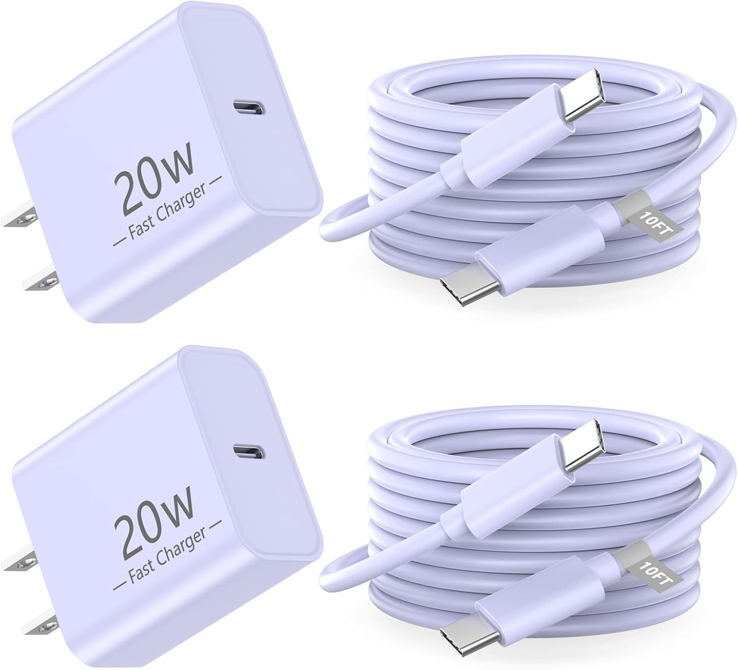 Matsusho 20W USB C Wall Charger Fast Charging Compatible for iPhone 16/16 Plus/16 Pro/16 Pro Max/15/15 Pro/15 Pro Max/15 Plus, 2 Pack iPhone 16 15 Charger Block with 10FT Type C Charging Cable, Purple