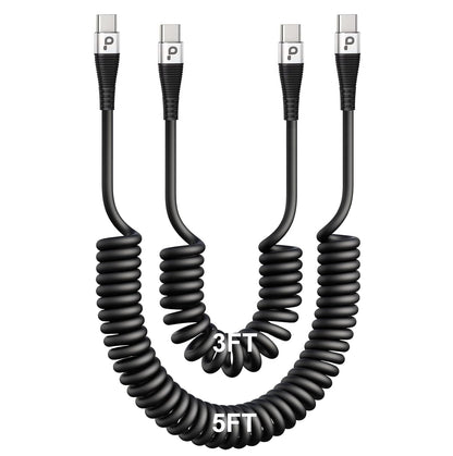 Coiled USBC to USBC Cables for Car 3FT/5FT, USB C to USB C Fast Charging Cables Short Type C Cord for iPhone 16/15/Pro/Plus/Pro Max/Samsung Galaxy S23, Compatible All Type C Devices-Silver 2Pack