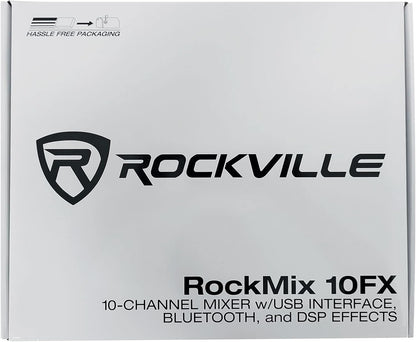 Rockville ROCKMIX 10FX 10-Channel Mixer, USB Recording Interface, Digital Effects, 3-Band EQ, Phantom Power, Bluetooth 5.0, for Home Studio, Podcast, and Live Performance