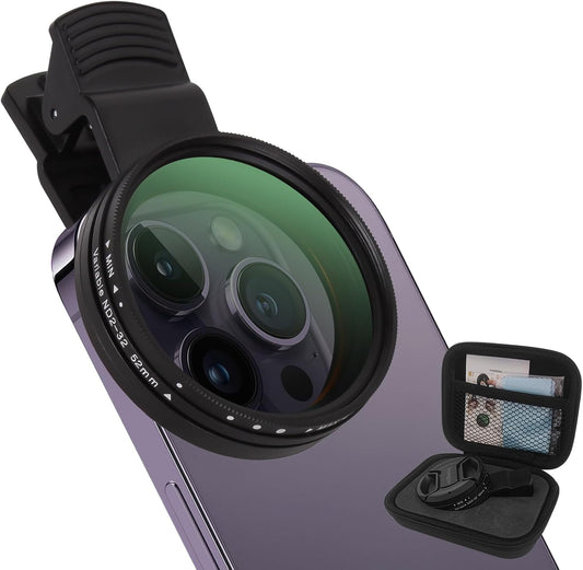 52MM Clip-on Variable ND2-32(1-5 Stops) Phone Lens Filter Kit, Ultra Slim Multi-Coated Adjustable Neutral Density Filter, Compatible for iPhone 16 15 14 13, Google Pixel and Other Smart Phones