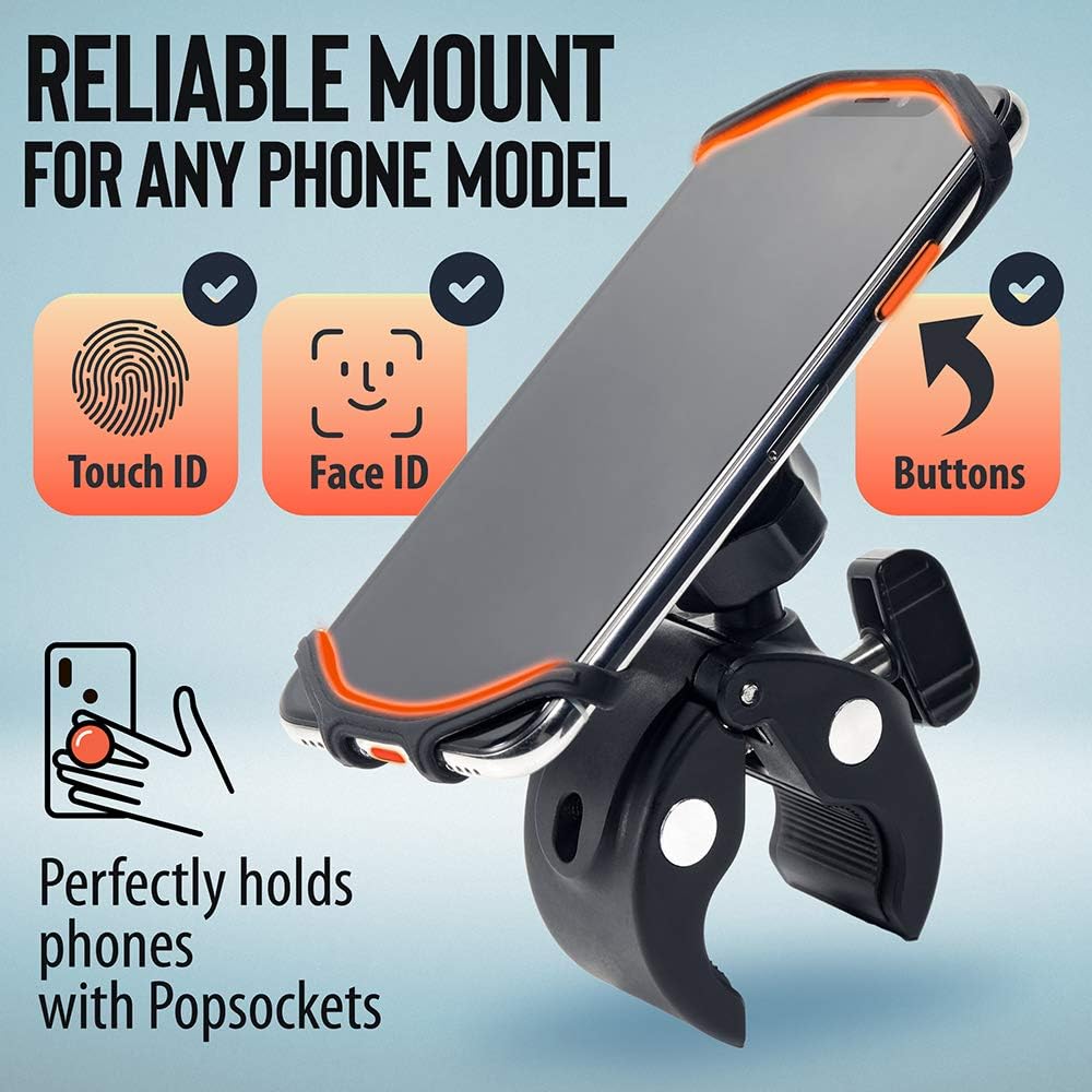 Upgraded 2025 Bicycle & Motorcycle Phone Mount - The Most Secure & Reliable Bike Phone Holder for iPhone, Samsung or Any Smartphone. Stress-Resistant & Highly Adjustable. x10 to Safeness & Comfort